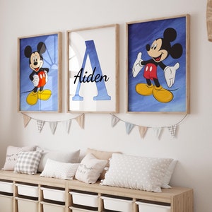 Juego de 3 impresiones de arte de pared personalizado de Mickey Mouse, letrero con nombre personalizado, decoración para habitación de niño, impresión con nombre personalizado, decoración para guardería de niño