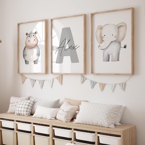 Custom Set of 3 Prints Safari Animal Nursery Decor Wall Art Personalized Name Jungle Nursery Decor Lion Elephant Giraffe Child Kids Posters