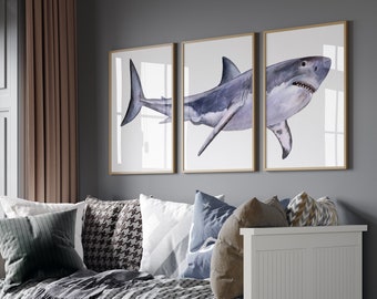 White Shark Print Set of 3 Wall Art Blue Under the Sea Posters Ocean Nursery Decor Boy Room Nautical Wall Decor Prints House Decor Whales