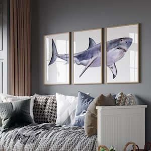 Weißer Hai Print 3er Set Wand Kunst Blau Unter Meer Poster Wale Wale Kinderzimmer Dekor Junge Zimmer Maritim