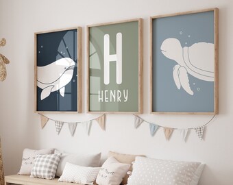 Custom Set of 3 Wall Art Print Under the Sea Whale Ocean Animal Turtle Nursery Decor Personalized Name Poster Nautical Kids Boy Room Prints