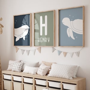 Juego personalizado de 3 impresiones artísticas de pared con diseño de ballena marina, animal marino, tortuga, decoración infantil, póster con nombre personalizado, impresiones náuticas para habitación infantil.