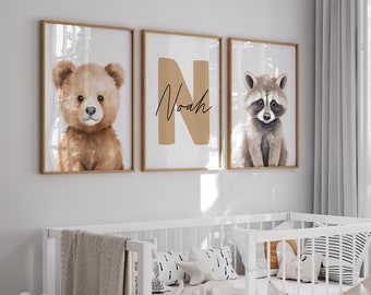 Custom Set of 3 Woodland Nursery Decor Animal Wall Art Prints Personalized Name Forest Animals Nursery Decor Kids Printable Baby Room Decor