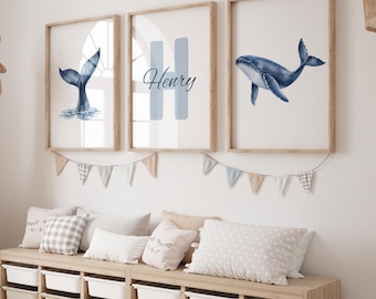 Nursery Whale Set of 3 Prints Personalized Wall Art, Nautical Coastal Boy Nursery Ocean Decor