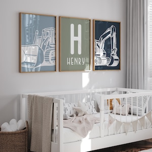 Set of 3 Prints Wall Art Construction Nursery Decor Bulldozer Custom Print Toddler Boy Excavator Personalized Name Truck Nursery Child Kids