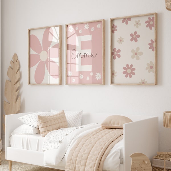 Benutzerdefiniertes 3er-Set Gänseblümchen-Wandkunstdruck-personalisiertes Namensschild-Mädchen-Raum-Dekor-Blumendrucke, Galerie-Wandkunst, neutrales Boho-Kinderzimmerdekor