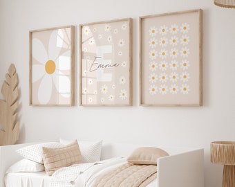 Set of 3 Print Daisy Wall Art Custom Personalized Name Sign Neutral Girl Room Decor Floral Printable, Flower Wall Art, Boho Nursery Decor