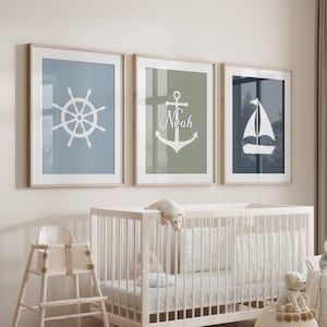 Set of 3 Nautical Prints Nursery Wall Art Decor Sailboat Anchor Ship Wheel Custom Print Toddler Boy Personalized Name Wall Decor Child Kids
