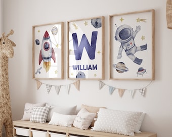 Set of 3 Space Theme Nursery Wall Art Decor Astronaut Spaceship Custom Print Posters Boy Wall Art Personalized Name Nursery Decor Child Kids