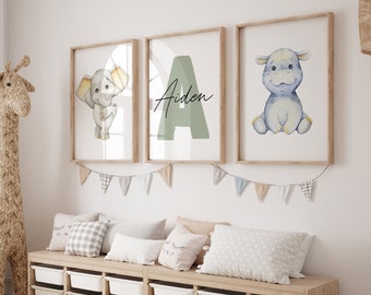 Juego de 3 impresiones artísticas de pared con animales de safari, nombre personalizado, decoración para guardería de niño y niña, hipopótamo, león, elefante, jirafa, para niños, imprimible