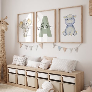 Safari Animal Wall Art Print Set of 3 Custom Name Nursery Boy Girl Decor Personalized Jungle Hipo Lion Elephant Giraffe Child Kids Printable