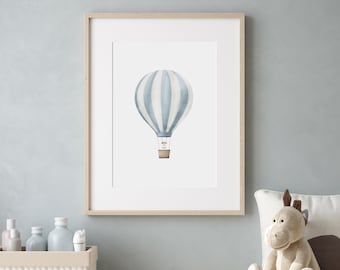 Blue Hot Air Balloon Wall Art Print Watercolor, Boys Room Decor, Vintage Nursery Decor, Printable Travel Wall Art, Kids Room Wall Decor
