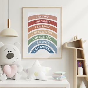Rainbow Affirmations Print, Inspirational Nursery Decor, Affirmations For Kids, I am Kind Smart Loved, PRINTABLE Wall Art, DIGITAL DOWNLOAD