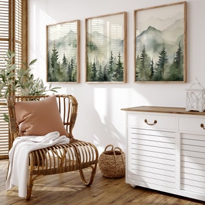 Aquarell Salbei Grüne Berge 3-teilige Wandkunst. Kiefernwald Wall Art. Gebirgslandschaft. Abstrakte Natur Poster. Modernes Minimal Dekor