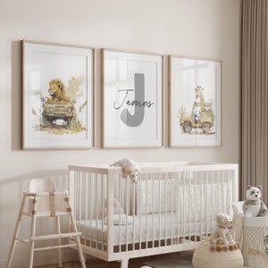 Custom Set of 3 Safari Animal in a Jeep Nursery Decor Wall Art Print Personalized Name Jungle Nursery Decor Lion Elephant Giraffe Child Kids