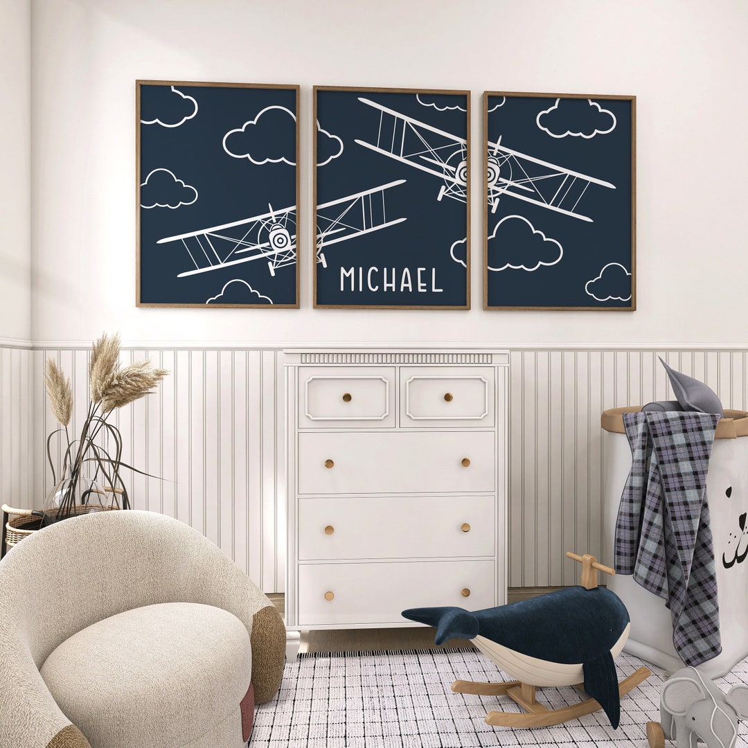 Airplane Set of 3 Prints Navy Blue Wall Art Custom Biplane Boy Nursery ...