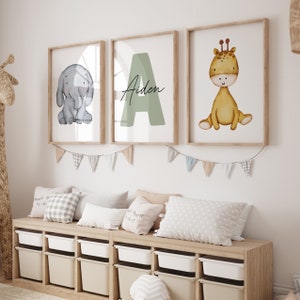 Set of 3 Safari Animal Custom Prints Nursery Decor Wall Art Print Personalized Name Boy Jungle Nursery Decor Girl Kids Printable Poster