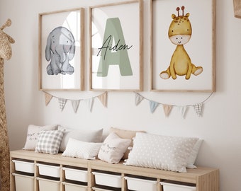 3er Set Safari Tier benutzerdefinierte Drucke Kinderzimmer Dekor Wand Kunst Druck Personalisierte Name Junge Dschungel Kinderzimmer Dekor Mädchen Kinder druckbare Poster