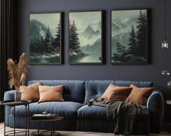 Mountain Wall Art Print Set of 3, Abstract Landscape Watercolor Mountains Lake, Neutral Vintage Pine Forest Art, Nature Art Prints, Modern