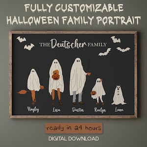 Halloween Family Portrait, Personalized Ghost Family Print, Custom Family Wall Art Printable Halloween Pets Art, Halloween Family Sign Decor