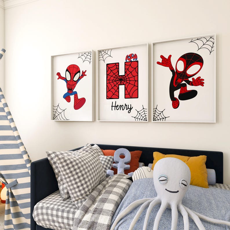 Spiderman Themed Wall Art Prints Set of 3 Nursery Decor Superhero Custom Print Toddler Boy Digital Posters Personalized Name Boys Room Decor image 6