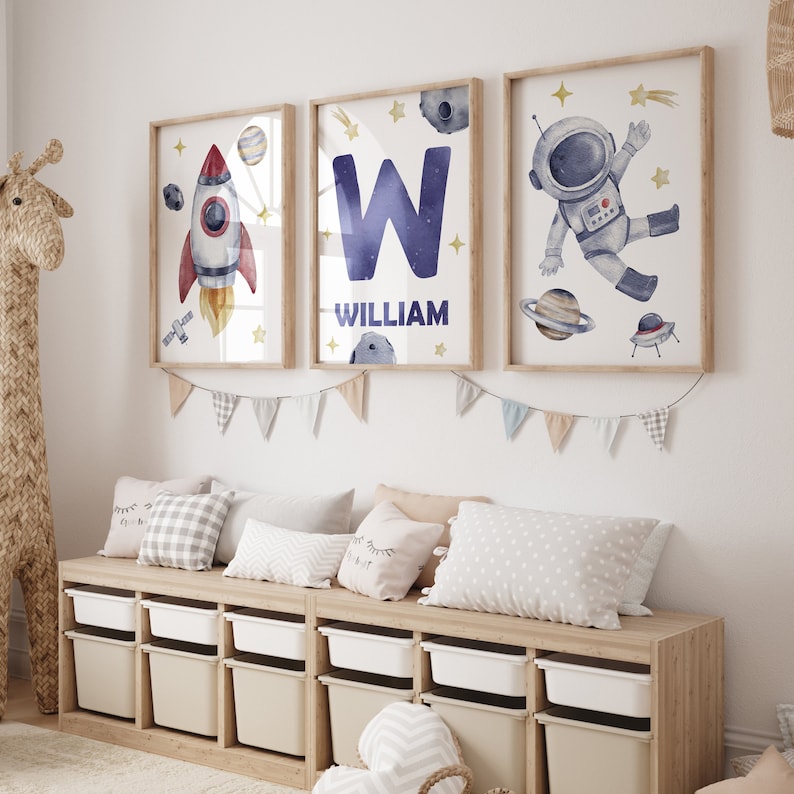 Set of 3 Space Theme Nursery Wall Art Decor Astronaut Spaceship Custom ...