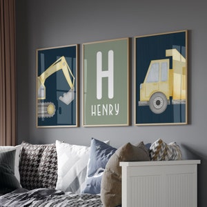 Set of 3 Construction Trucks Nursery Wall Art Prints Decor Digger Bulldozer Custom Toddler Boy Bedroom Personalized Name Decor Child Kids
