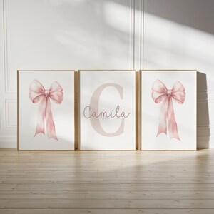 Custom Pink Bow Wall Art Set of 3 Prints Personalized Name Sign Girl ...