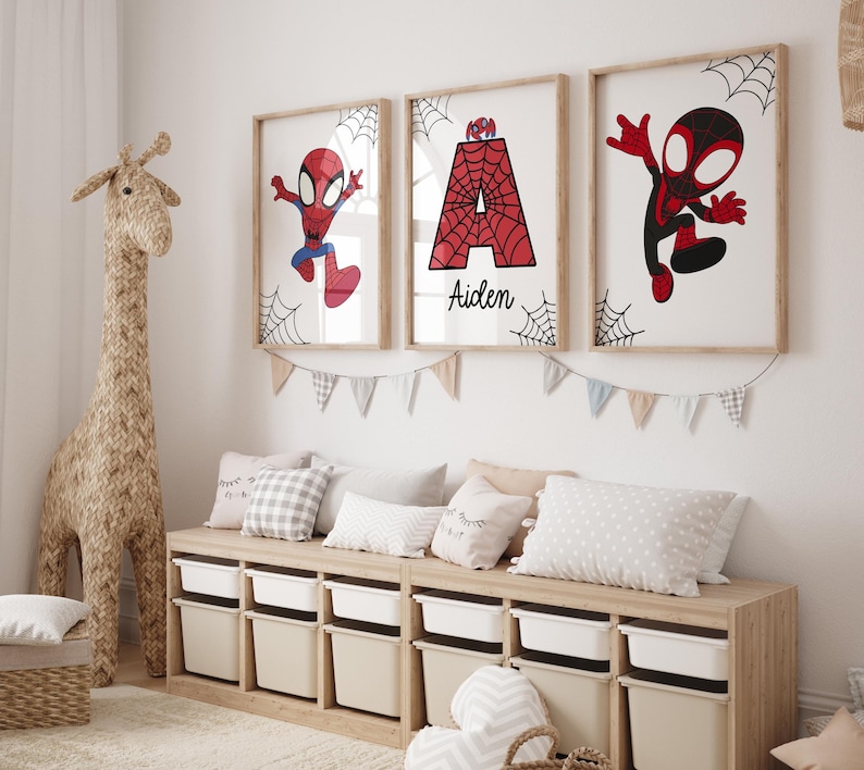 Spiderman Themed Wall Art Prints Set of 3 Nursery Decor Superhero Custom Print Toddler Boy Digital Posters Personalized Name Boys Room Decor image 1