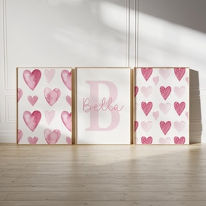 Custom Pink Hearts Prints Set of 3 Wall Art Personalized Name Sign Girl Room Decor Watercolor Girly Art Heart Name Print Girls Nursery Decor
