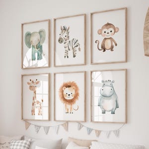 Impresión de arte de pared para guardería de safari, juego de 6 animales de safari para guardería imprimibles, decoración de guardería de safari, arte de pared de guardería de jungla neutral para imprimir
