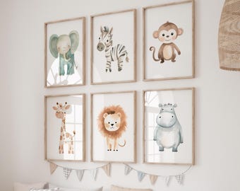 Safari Nursery Print Wall Art, Set of 6 Printable Safari Nursery Animals, Safari Nursery Decor, Neutral Jungle Nursery Wall Art to Print