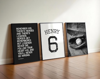 Personalized Baseball Print Set of 3, Sandlot Quote Boys Decor Custom Gift for Son Black and White Poster Boy Room Kid Bedroom