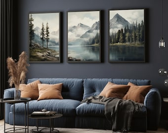 Berg Druck Set von 3, Abstrakte Landschaft Neutral Vintage Aquarell See Berge, Natur Kunstdrucke, Moderne Wandkunst