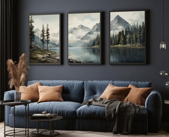 Mountain Print Set of 3, Abstract Landscape Neutral Vintage Watercolor Mountains Lake, Pine Forest Art, Nature Art Prints, Modern Wall Art