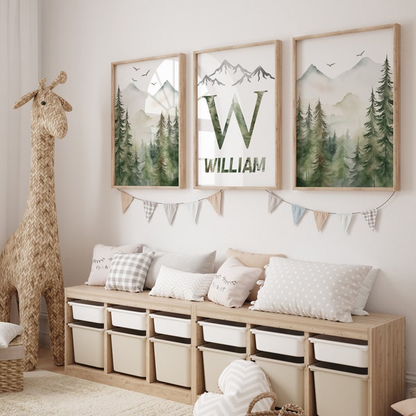 Mountain Nursery Decor Prints. Personalised Forest Wall Art Watercolor Adventure Print Custom Name Sign Initial Baby Boy Room Wall Art