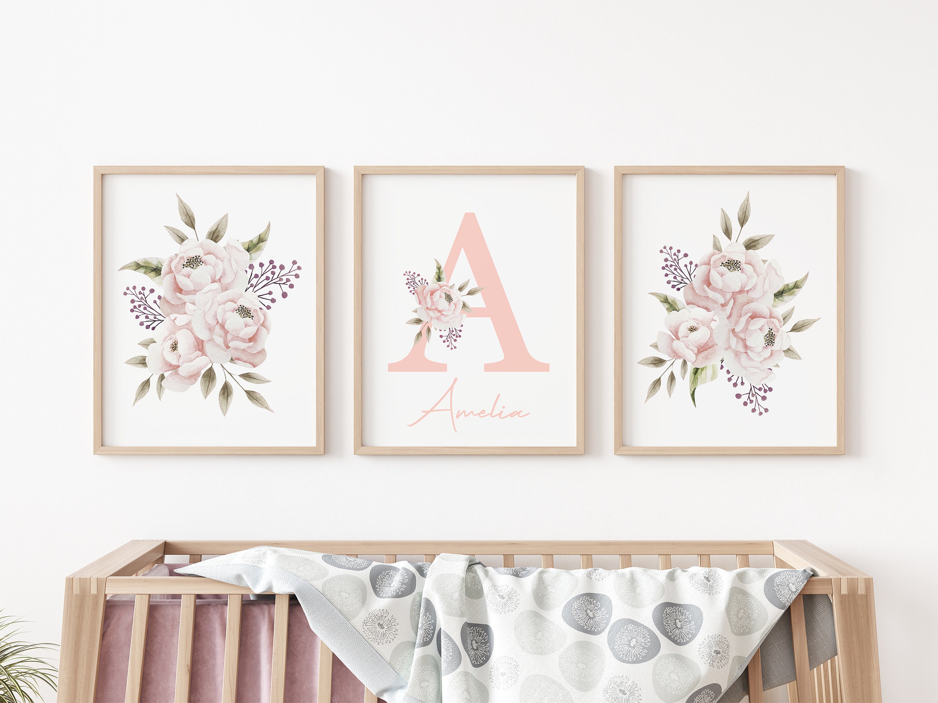 Personalised Floral Nursery Wall Art Pink Girl Nursery Decor Baby Girl ...
