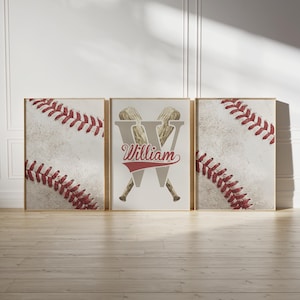 Baseball Print Set of 3 Wall Art Boy Custom Vintage Baseball Wall Prints Personalized Name Boys Room Decor Nursery Boy Kids Printable Poster