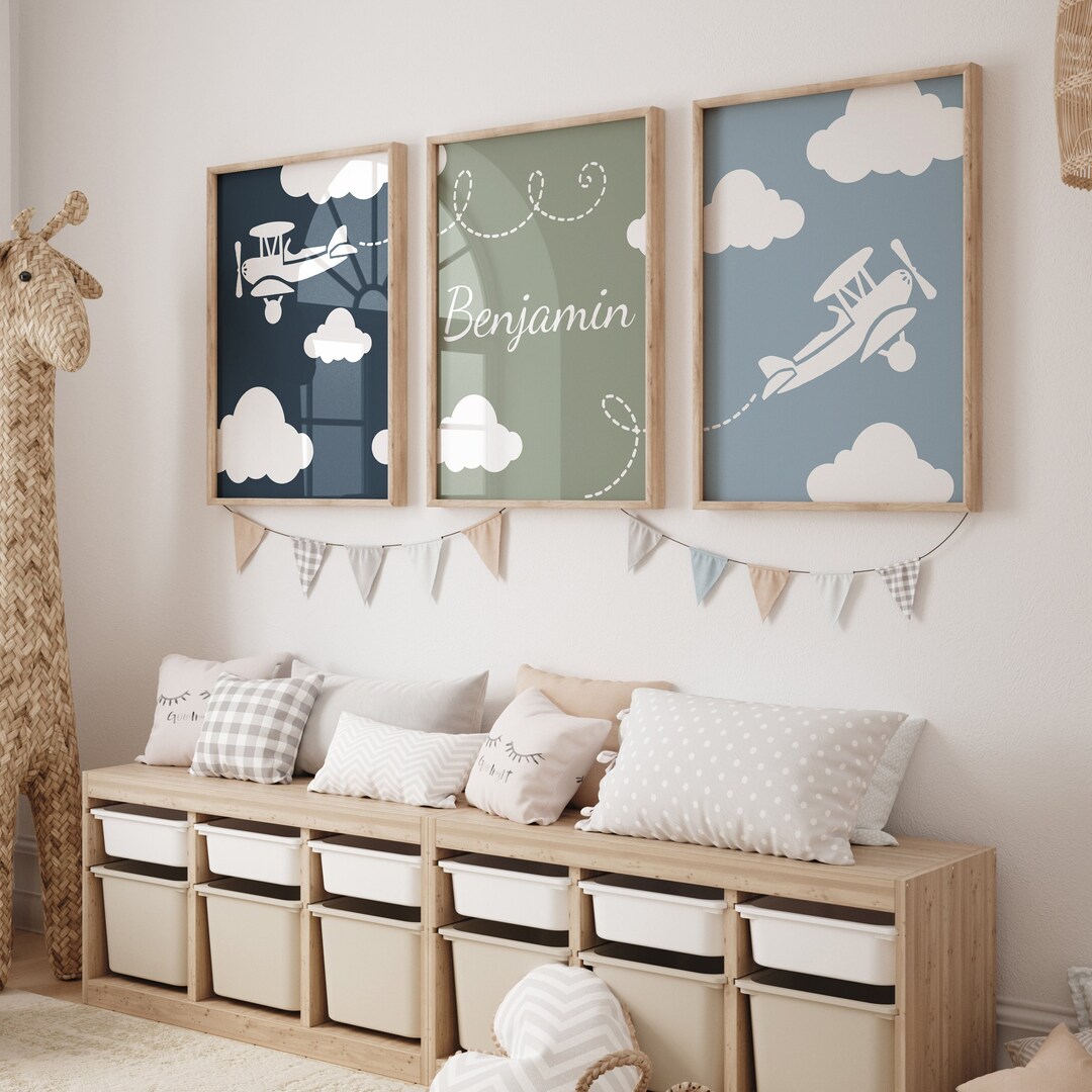 Airplane Set of 3 Prints Navy Blue Wall Art Clouds Custom Biplane ...