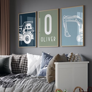 Set of 3 Construction Nursery Wall Art Decor Digger Custom Print Toddler Boy Wall Art Personalized Name Truck Nursery Decor Child Kids
