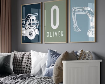 Set of 3 Construction Nursery Wall Art Decor Digger Custom Print Toddler Boy Wall Art Personalized Name Truck Nursery Decor Child Kids