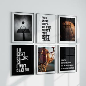 Puede incluir: Seis impresiones enmarcadas de arte mural con temática de baloncesto. Las impresiones presentan imágenes de balones de baloncesto, aros y citas motivacionales en blanco y negro. Las citas incluyen "Fallarás el 100% de los tiros que no hagas".