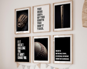Baseball Prints Set of 6 for Boys Wall Art, Teen Room Decor Printable Poster Inspirational Quotes Digital Download