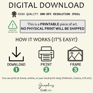 Puede incluir: Gr&aacute;fico de descarga digital con instrucciones sobre c&oacute;mo descargar, imprimir y enmarcar una obra de arte imprimible. El texto dice "Esto es una obra de arte IMPRIMIBLE. NO SE ENVIAR&Aacute; NINGUNA IMPRESI&Oacute;N F&Iacute;SICA."