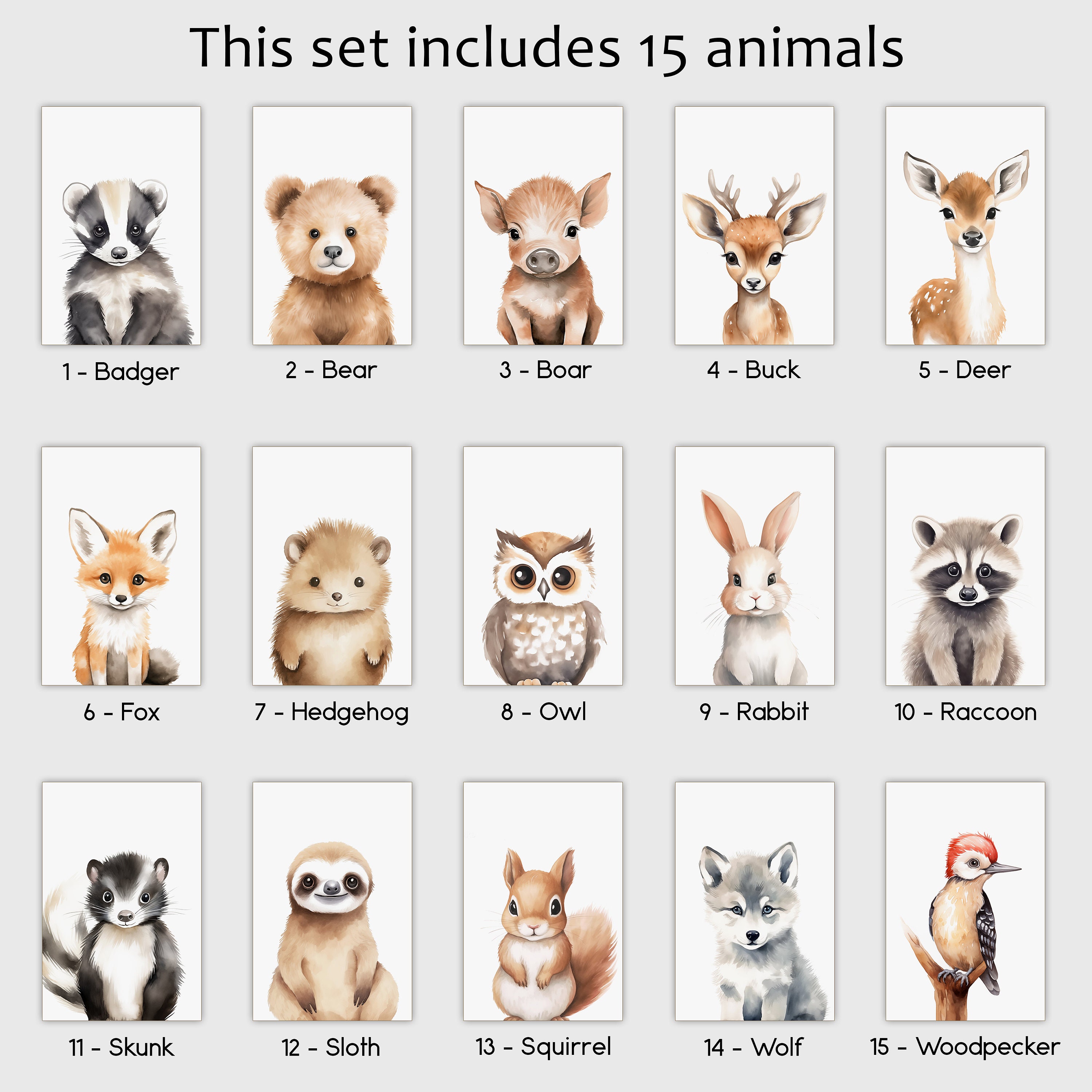 Woodland Nursery Prints Wall Art Gift, Set of 15 Printable Forest ...