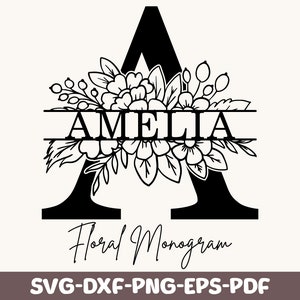 Monograma floral dividido svg, pacote de alfabeto, clipart de monograma floral png, gráfico de letras de A a Z, nome monograma dxf, uso comercial