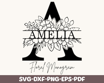 Floral Split Monogram svg Alphabet Bundle Clipart Png, A-Z Letter Graphic, Dxf, Commercial use