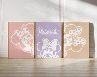 Custom Minnie Mouse Set of 3 Prints Wall Art Personalized Name Sign Girl Room Decor Printable, Girls Nursery Decor