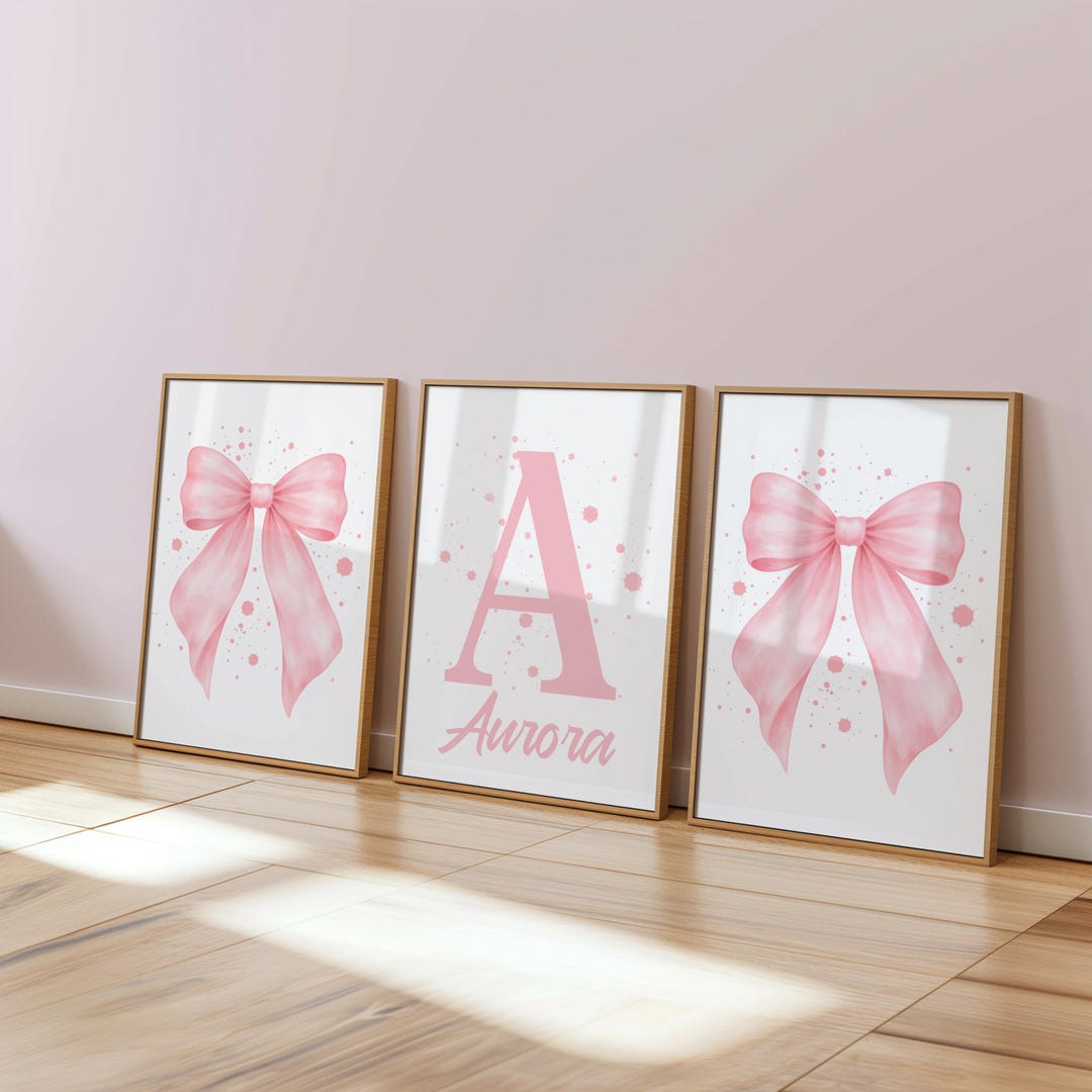 Custom Pink Bow Wall Art Set of 3 Prints Personalized Name Sign Girl ...