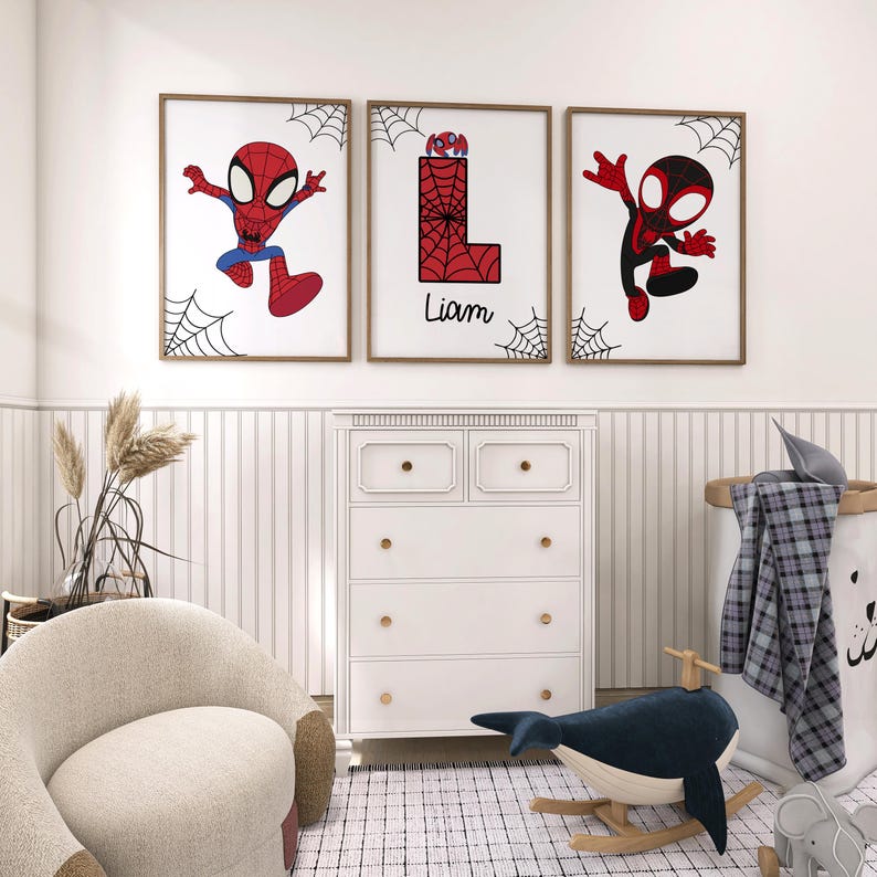 Spiderman Themed Wall Art Prints Set of 3 Nursery Decor Superhero Custom Print Toddler Boy Digital Posters Personalized Name Boys Room Decor image 5